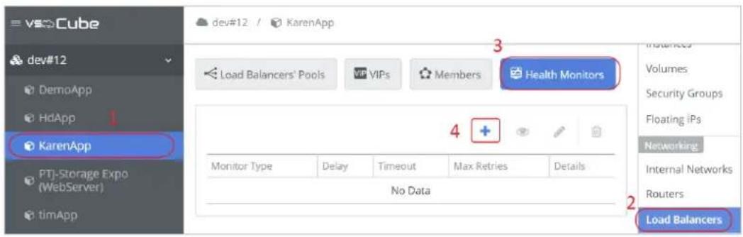 vscCube dev#12 / KarenApp 3 Load Balancers' Pools VIPs Members Health Monitors 4 + Monitor Type Delay Timeout Max Retries Details No Data Instances Volumes Security Groups Floating iPs Networking Internal Networks Routers 2 Load Balancers