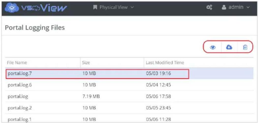 Portal Logging Files File Name Size Last Modified Time portal.log.7 10 MB 05/03 19:16 portal.log.6 10 MB 05/04 12:45 portal.log 7.19 MB 05/06 17:58 portal.log.2 10 MB 05/05 23:45 portal.log.1 10 MB 05/06 11:28