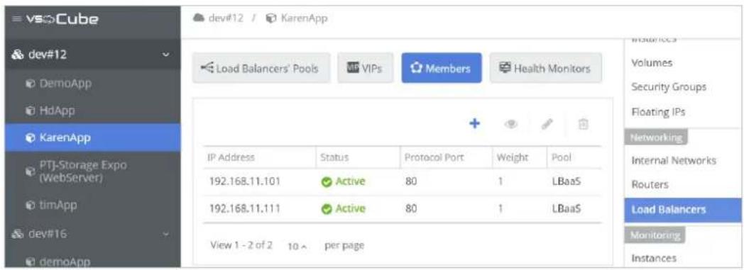 vsOCube dev#12 / KarenApp Load Balancers' Pools VIPs Members Health Monitors IP Address Status Protocol Port Weight Pool 192.168.11.101 Active 80 1 LBaaS 192.168.11.111 Active 80 1 LBaaS View 1 - 2 of 2 10 > per page Instances Volumes Security Groups Floating IPs Networking Internal Networks Routers Load Balancers Monitoring Instances
