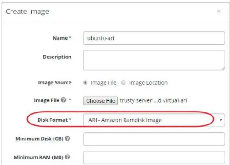 Create Image Name* ubuntu-ari Description Image Source • Image File • Image Location Image File ? * Choose File trusty-server...d-virtual-ari Disk Format* ARI - Amazon Ramdisk Image Minimum Disk (GB) ? Minimum RAM (MB) ?