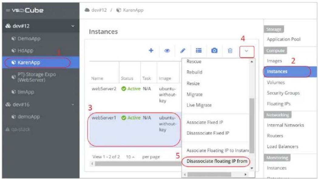 dev#12 / KarenApp dev#12 DemoApp HdApp KarenApp PTJ-Storage Expo (WebServer) timApp dev#16 demoApp qa-stack Instances Rescue Rebuild Resize Migrate Live Migrate webServer2 Active N/A ubuntu- without- key 3 webServer1 Active N/A ubuntu- without- key View 1 - 2 of 2 10 > per page 5 Disassociate floating IP from Storage Application Pool Compute Images 2 Instances Volumes Security Groups Floating IPs Networking Internal Networks Routers Load Balancers Monitoring Instances
