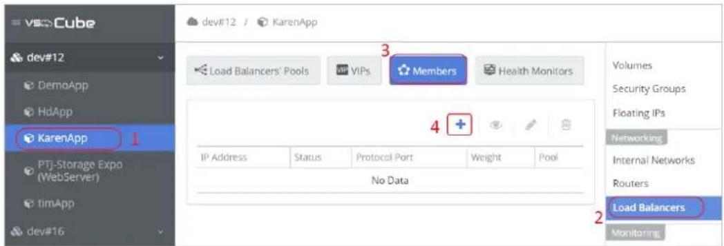 vsc Cube dev#12 / KarenApp 3 Load Balancers' Pools VIPs Members Health Monitors Volumes Security Groups Floating IPs Networking Internal Networks Routers Load Balancers Monitoring 4 + IP Address Status Protocol Port Weight Pool No Data dev#16