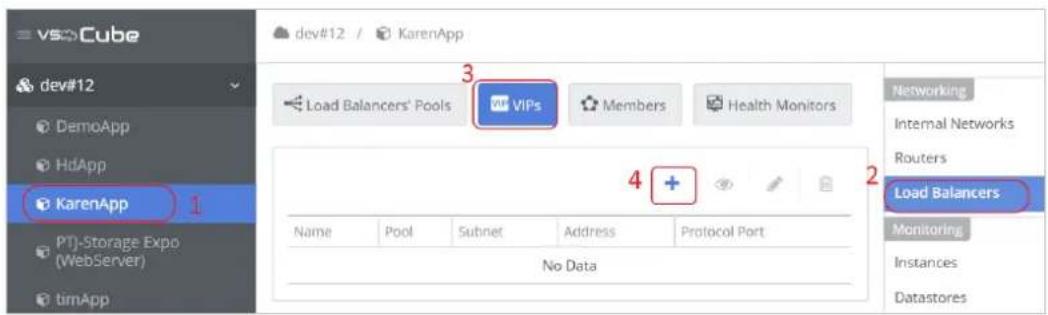 vscCube dev#12 / KarenApp 3 Load Balancers' Pools VIPs Members Health Monitors 4 + 2 Networking Internal Networks Routers Load Balancers Monitoring Instances Datastores Name Pool Subnet Address Protocol Port No Data