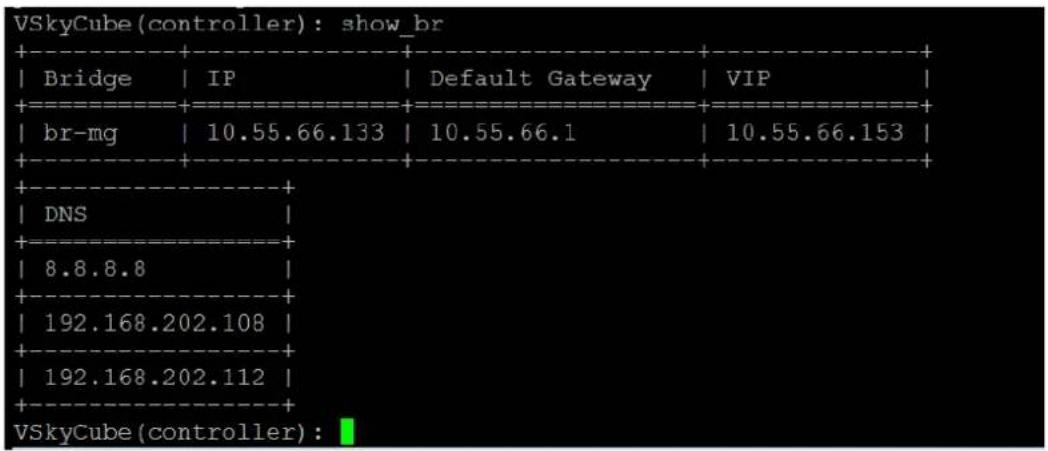 VSkyCube(controller): show_br +----+----+----+ | Bridge | IP | Default Gateway | VIP | +----+----+----+ | br-mg | 10.55.66.133 | 10.55.66.1 | 10.55.66.153 | +----+----+----+ | DNS | +----+----+ | 8.8.8.8 | +----+----+ | 192.168.202.108 | +----+----+ | 192.168.202.112 | +----+----+ VSkyCube(controller):