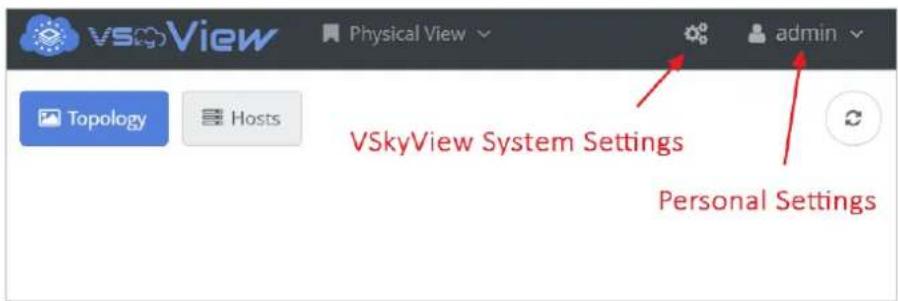 VSKView Physical View admin Topology Hosts VSkyView System Settings Personal Settings