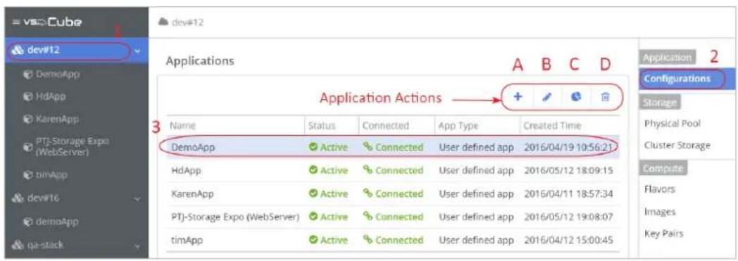 dev#12 DemoApp HdApp KarenApp PTJ-Storage Expo (WebServer) timApp dev#16 deinoApp qa-stack Applications A B C D Application Actions → + + ✓ ✓ ✓ Name Status ConnectedApple Type Created Time DemoApp Active Connected User defined app 2016/04/19 10:56:21 HdApp Active Connected User defined app 2016/05/12 18:09:15 KarenApp Active Connected User defined app 2016/04/11 18:57:34 PTJ-Storage Expo (WebServer) Active Connected User defined app 2016/05/12 19:08:07 timApp Active Connected User defined app 2016/04/12 15:00:45 Application 2 Configurations Storage Physical Pool Cluster Storage Compute Flavors Images Key Pairs