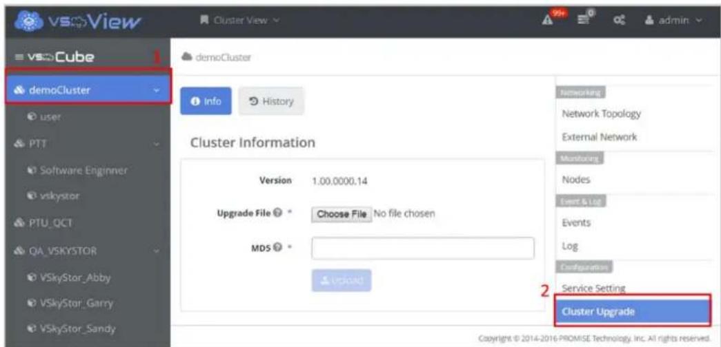 vsmView vsmCube demoCluster Info History Cluster Information Version 1.00.0000.14 Upgrade File Choose File No file chosen MDS Upload Networking Network Topology External Network Munitouris Nodes Event & Lot Events Log Configuration Service Setting Cluster Upgrade Copyright © 2014-2016 PROMISE Technology, Inc. All rights reserved.