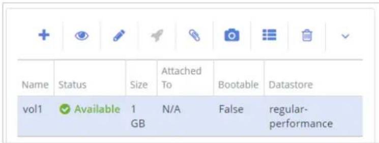 Name Status Size Attached To Bootable Datastore vol1 ✓ Available 1 GB N/A False regular- performance
