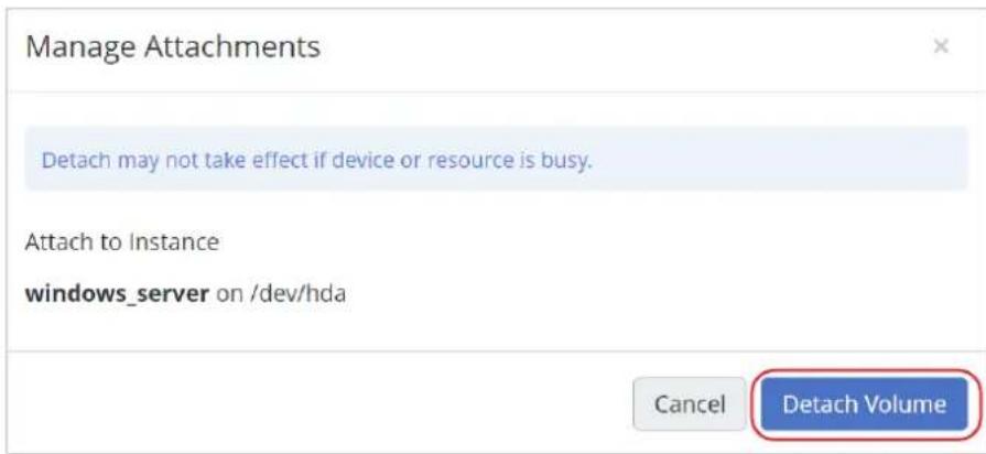 Manage Attachments Detach may not take effect if device or resource is busy. Attach to instance windows_server on /dev/hda Cancel Detach Volume