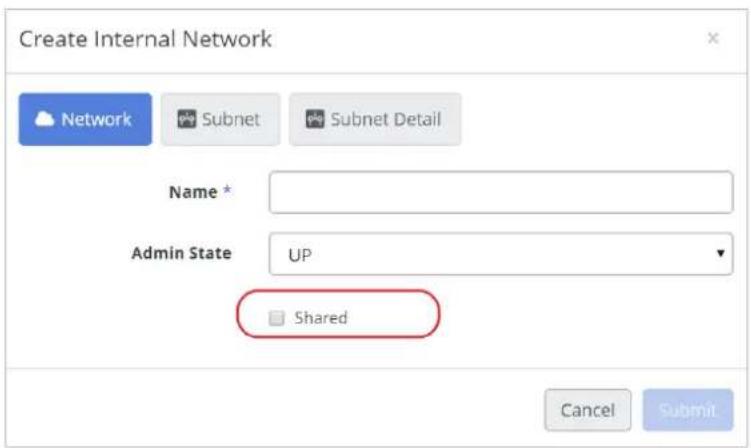 Create Internal Network Network Subnet Subnet Detail Name * Admin State UP Shared Cancel Submit