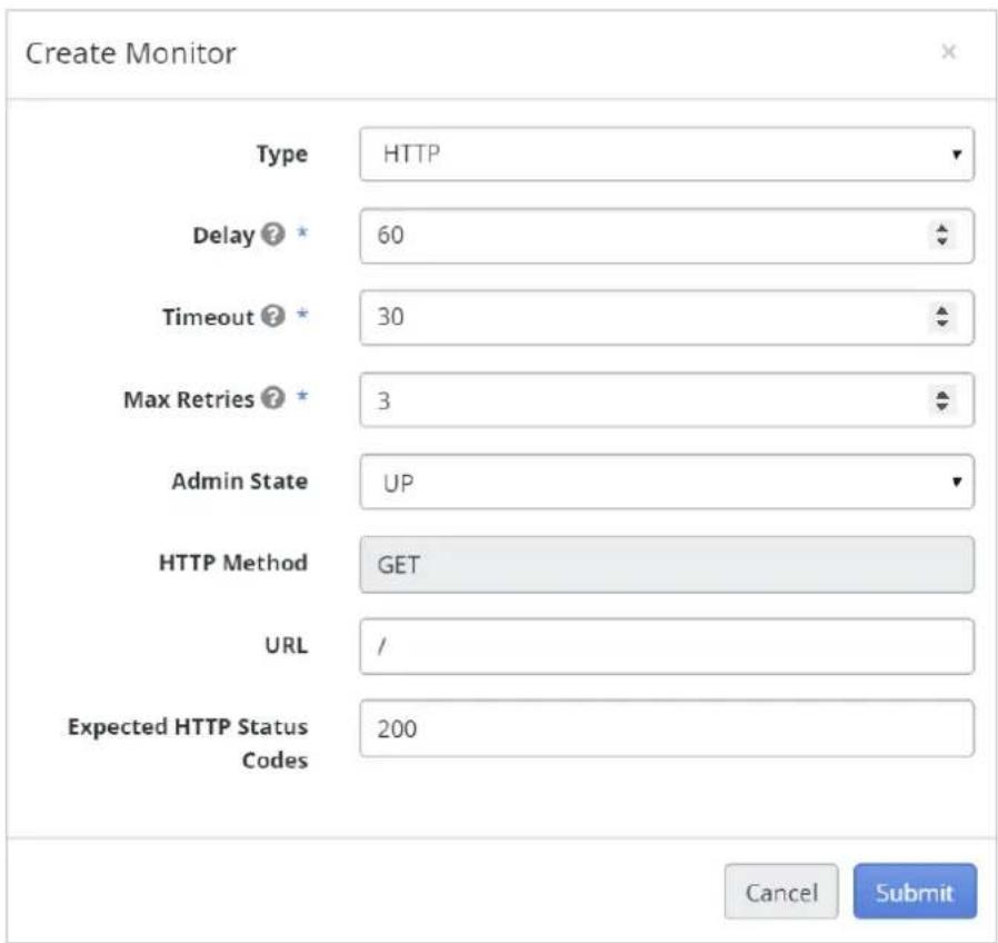 Create Monitor Type HTTP Delay ? * 60 Timeout ? * 30 Max Retries ? * 3 Admin State UP HTTP Method GET URL / Expected HTTP Status Codes 200 Cancel Submit
