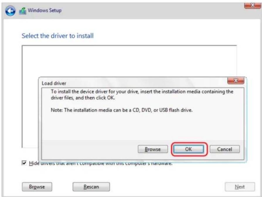 Windows Setup Select the driver to install Load driver To install the device driver for your drive, insert the installation media containing the driver files, and then click OK. Note: The installation media can be a CD, DVD, or USB flash drive. Browse OK Cancel Hide drivers that aren't compatible with this computer's hardware. Browse Rescan Next