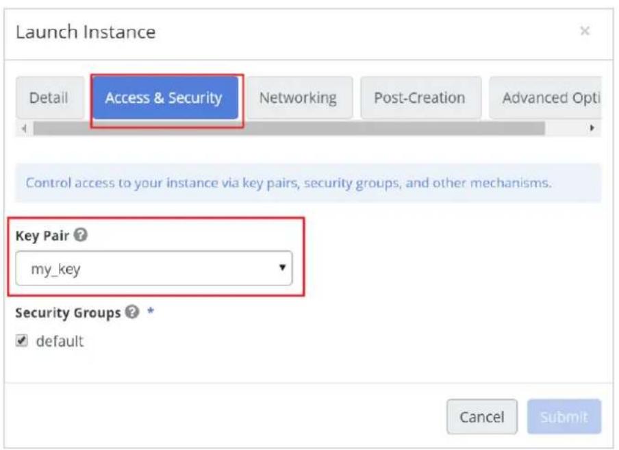 Launch Instance Detail Access & Security Networking Post-Creation Advanced Opti Control access to your instance via key pairs, security groups, and other mechanisms. Key Pair ? my_key Security Groups ? default Cancel Submit