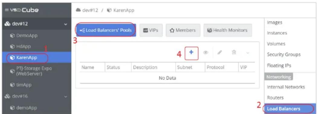 vsOCube dev#12 / KarenApp Load Balancers' Pools VIPs Members Health Monitors Images Instances Volumes Security Groups Floating IPs Networking Internal Networks Routers Load Balancers 3 4 Name Status Description Subnet Protocol VIP No Data 2