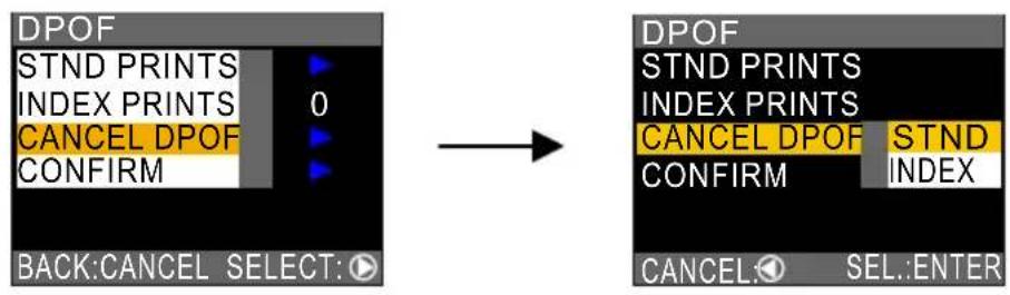 DPOF STND PRINTS INDEX PRINTS 0 CANCEL DPOF CONFIRM BACK:CANCEL SELECT: DPOF STND PRINTS INDEX PRINTS CANCEL DPOF STND CONFIRM INDEX CANCEL: SEL: ENTER