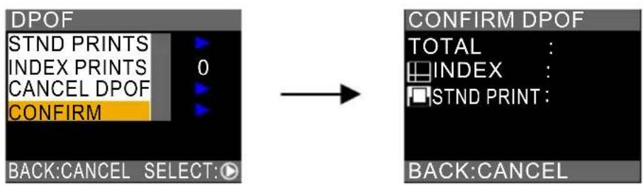 DPOF STND PRINTS INDEX PRINTS 0 CANCEL DPOF CONFIRM BACK:CANCEL SELECT: → CONFIRM DPOF TOTAL : INDEX : STND PRINT : BACK:CANCEL