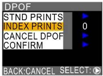 DPOF STND PRINTS INDEX PRINTS 0 CANCEL DPOF CONFIRM BACK:CANCEL SELECT: