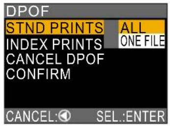 DPOF STND PRINTS ALL INDEX PRINTS ONE FILE CANCEL DPOF CONFIRM CANCEL: SEL.:ENTER
