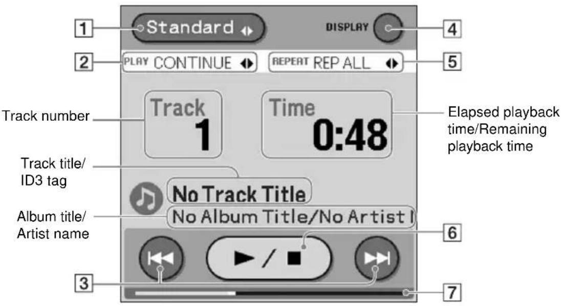 1 Standard DISPLAY 4 2 PLAY CONTINUE REPEAT REP ALL 5 Track number Track 1 Time 0:48 Elapsed playback time/Remaining playback time Track title/ ID3 tag No Track Title No Album Title/No Artist I Album title/ Artist name 6 3 7