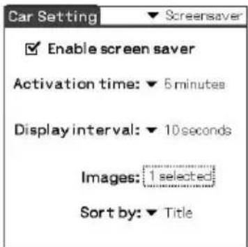 Car Setting ▼ Screensaver ✓ Enable screen saver Activation time: ▼ 5 minutes Display interval: ▼ 10 seconds Images: [1 selected] Sort by: ▼ Title
