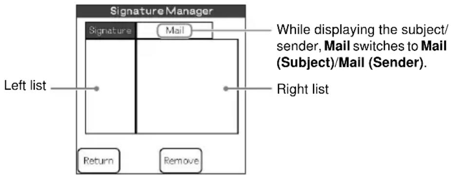 Signature Manager Signature Mail While displaying the subject/ sender, Mail switches to Mail (Subject)/Mail (Sender). Left list Right list Return Remove