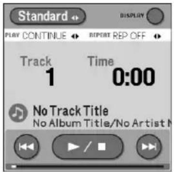 Standard DISPLAY PLAY CONTINUE REPEAT REP OFF Track 1 Time 0:00 No Track Title No Album Title/No Artist M