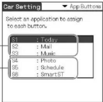 Car Setting App Buttons Select an application to assign to each button. S1 : Today S2 : Mail S3 : Music S4 : Photo S5 : Schedule S6 : SmartST