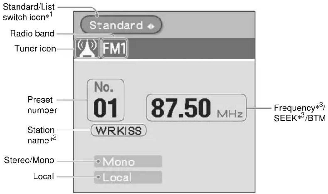 Standard/List switch icon*1 Radio band Tuner icon Standard FM1 No. 01 87.50 MHz Frequency*3/ SEEK*3/BTM Preset number WRKISS Station name*2 Stereo/Mono Mono Local Local