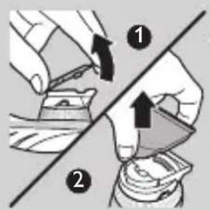Diagram showing two hands performing a manual task with arrows indicating direction of movement or process, labeled ① and ②.