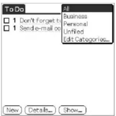 To Do 1 Don't forget to 1 Send e-mail co All Business Personal Unfiled Edit Categories... New Details... Show...