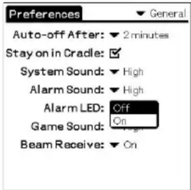 Preferences Auto-off After: ▼ 2 minutes Stay on in Cradle: ✓ System Sound: ▼ High Alarm Sound: ▼ High Alarm LED: Off Game Sound: On Beam Receive: ▼ On