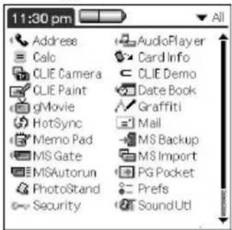 11:30 pm Address Calc CLIE Camera CLIE Paint gMovie HotSync Memo Pad MS Gate MISAutorun PhotoStand Security AudioPlayer Card Info CLIE Demo Date Book Graffiti Mail MS Backup MS Import PG Pocket Prefs SoundUtl