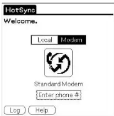 HotSync Welcome. Local Modem Standard Modem Enter phone # Log Help