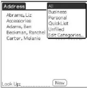 Address Abrams, Liz Accessories Adams, Ben Beckman, Ranchel Carter, Melanie All Business Personal QuickList Unfiled Edit Categories... Look Up: New