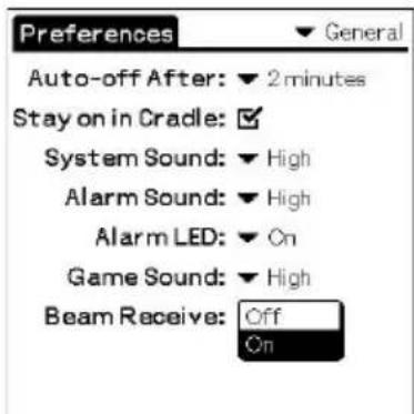 Preferences Auto-off After: ▼ 2 minutes Stay on in Cradle: ✓ System Sound: ▼ High Alarm Sound: ▼ High Alarm LED: ▼ On Game Sound: ▼ High Beam Receive: Off On