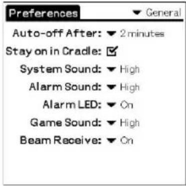 Preferences ▼ General Auto-off After: ▼ 2 minutes Stay on in Cradle: ✓ System Sound: ▼ High Alarm Sound: ▼ High Alarm LED: ▼ On Game Sound: ▼ High Beam Receive: ▼ On