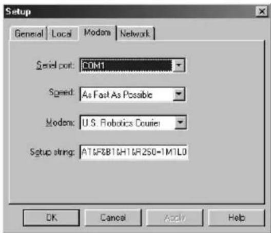 Setup General Local Modem Network Serial port: COM1 Speed: As Fast As Possible Modem: U.S. Robotics Courier Setup string: AT&F&B1&H1&R250-1M1L0 OK Cancel Apply Help