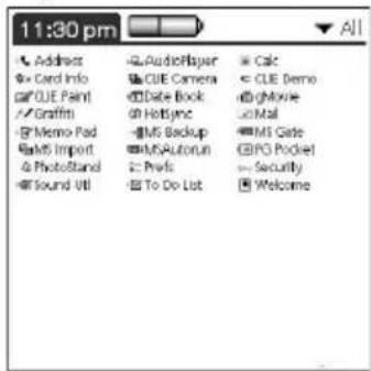 11:30 pm Address Card Info CUE Paint Graffin Memo Pad Import PhotoStand Sound UI AudioPlayer CUE Camera Date Book HotSync MS Backup MS Autorun Prays To Do List Calc CLE Demo @Movie Mail MS Gate PG Pocket Security Welcome