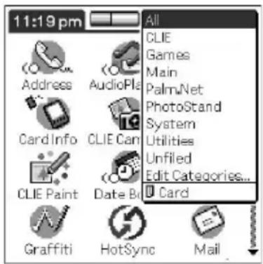 11:19 pm Address AudioPla Card Info CLIE Can CLIE Paint Date Bo All CLIE Games Main PalmNet PhotoStand System Utilities Unfiled Edit Categories... Card Graffiti HotSync Mail