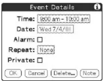 Event Details Time: 9:00 am - 10:00 am Date: Wed 7/4/ Alarm: □ Repeat: None Private: □ OK Cancel Delete... Note
