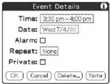 Event Details Time: 3:30 pm - 4:00 pm Date: Wed 7/4/ Alarm: □ Repeat: None Private: □ OK Cancel Delete... Note