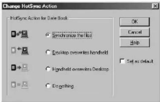 Change HotSync Action HotSync Action for Date Book Synchronize the Hot Desktop overswrites handheld Handheld overswrites Desktop Do nothing OK Cancel Help Set as default