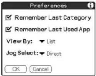 Preferences ✓ Remember Last Category ✓ Remember Last Used App View By: ▼ List Jog Select: ▼ Direct OK Cancel