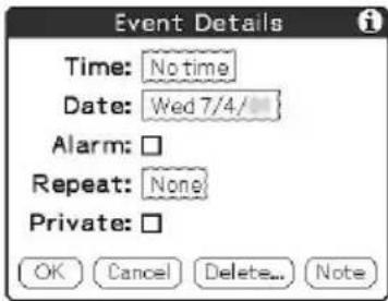 Event Details Time: No time Date: Wed 7/4/ Alarm: □ Repeat: None Private: □ OK Cancel Delete... Note