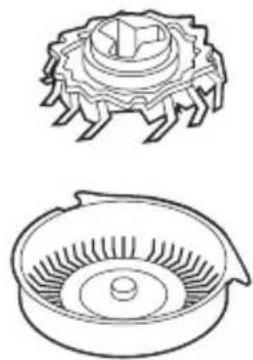 Technical line drawing of a mechanical component with two views: top shows a gear-like structure, bottom shows a circular base with radial grooves (no text or symbols)