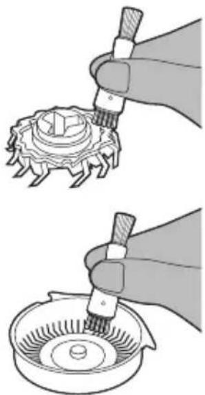 Two-step illustration showing a hand using a tool to clean a mechanical gear and a circular component (no text or symbols)