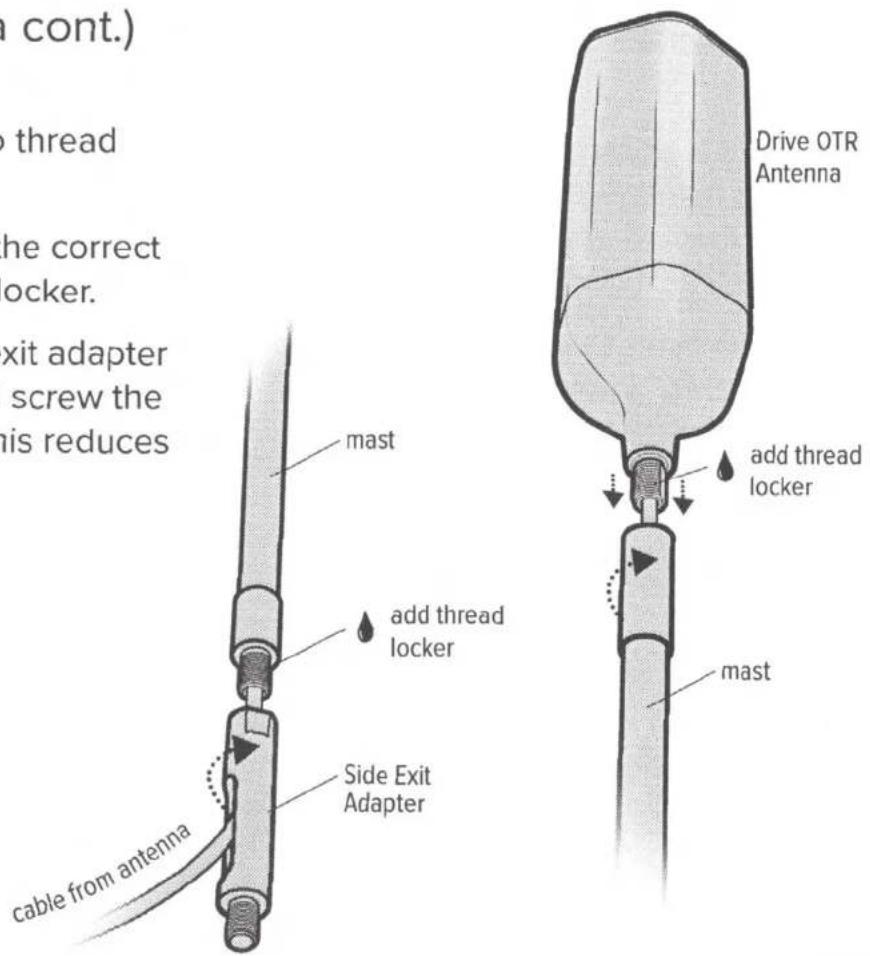 cont.) thread the correct ocker. exit adapter screw the his reduces mast add thread locker Side Exit Adapter drive OTR Antenna add thread locker mast cable from antenna