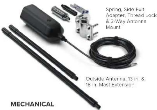 Spring, Side Exit Adapter, Thread Lock & 3-Way Antenna Mount Outside Antenna, 13 in. & 18 in. Mast Extension MECHANICAL