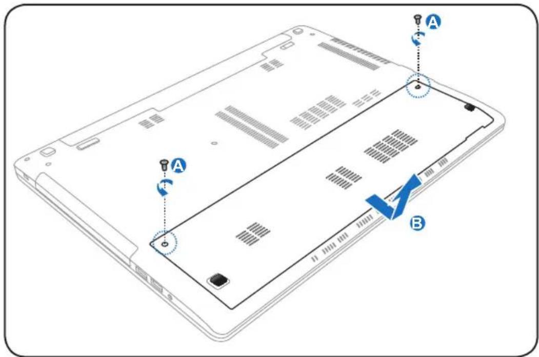 Laptop screen diagram with labeled components A and B, showing internal structure and adjustment arrows