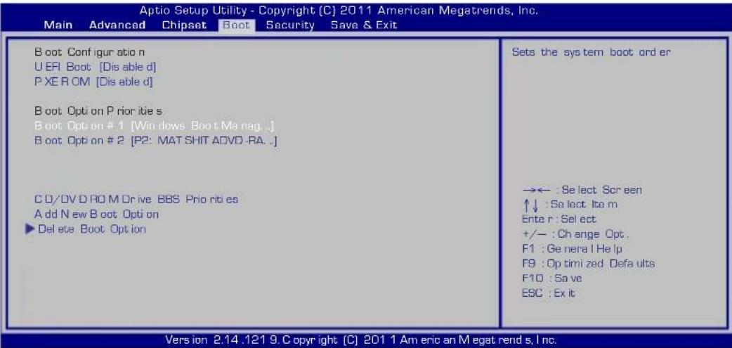 Aptio Setup Utility - Copyright (C) 2011 American Megatrends, Inc. Main Advanced Chipset Boot Security Save & Exit Boot Config ur atio n U EFI Boot [Dis able d] P X E R O M [Dis able d] Boot Opt on Prior itue s Boot Opt on # 1 [Winds Boot Manag .] Boot Opt on # 2 [P2: MAT SHIT ACVD-RA. .] CD/DV D ROM Drive BBS Prio rib es Add New Boot Opti on ►Del ete Boot Opt ion Sets the sys tem boot ard er →← : Select Screen ↑↓ : Select lte m Ente r : Select +/- : Change Opt . F1 : Genera I Help F9 : Opt timi zed Defaults F10 : Save ESC : Exit Version 2.14.121 9. Copyright (C) 2011 1 Am eric an Megat rend s, Inc.